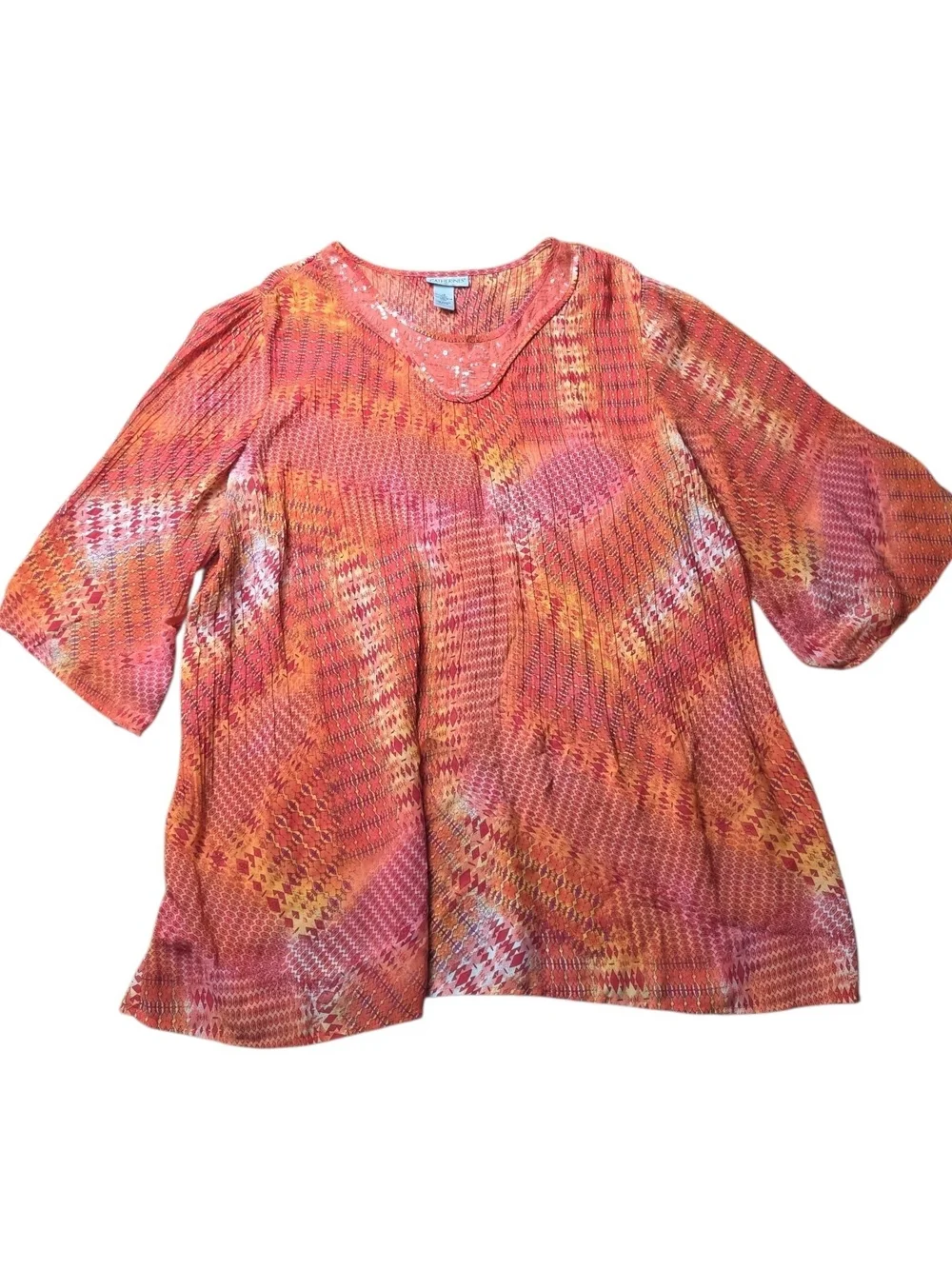CATHERINES | Semi Sheer Crinkle Swing Blouse Beaded Bell Sleeve Orange | 1X